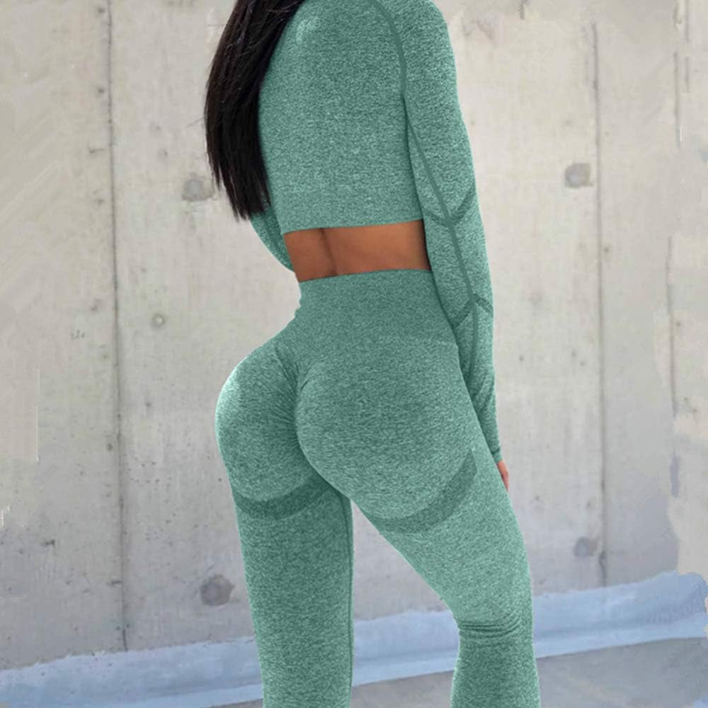 Women Butt Lifting Yoga Legging Long Sleeve Crop Top Tummy Control 2 Piece Workout Outfits Sets Green S