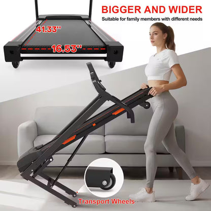 3.5 HP Black Steel Foldable Electric Treadmill with Safety Key, LCD Display, Pad/Phone Holder, APP Support and Inclines