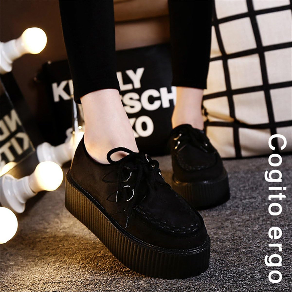 Women'S Handmade Suede Lace up Flat Platform Creepers Shoe